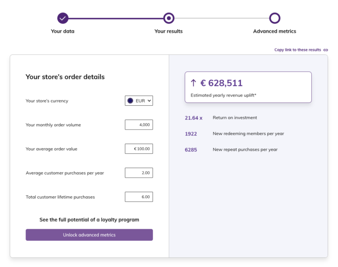 Webpage Return on Investment calculator interface
